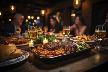 group of happy friends sitting near big table ,drinking alcohol and celebrating Christmas