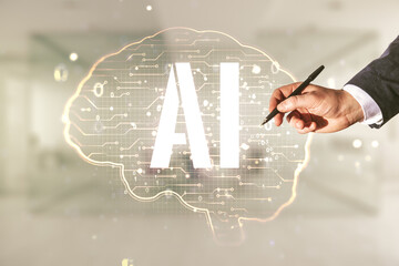 Aufkleber - Double exposure of man hand with pen working with creative human brain microcircuit hologram on blurred office background. Future technology and AI concept