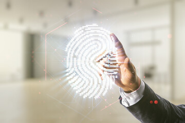 Aufkleber - Double exposure of male hand presses on virtual creative fingerprint hologram on blurred office background, research and development concept
