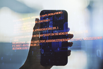 Aufkleber - Double exposure of abstract creative programming illustration and hand with cellphone on background, big data and blockchain concept