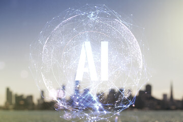 Poster - Creative artificial Intelligence symbol hologram on blurry skyscrapers background. Double exposure