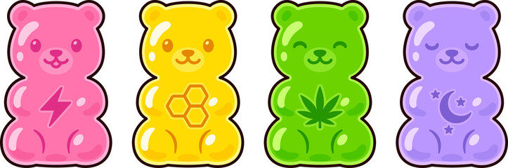 Poster - Cute cartoon supplement gummy bear drawing set. Energy, multivitamin, CBD edible, melatonin. Clip art Illustration.