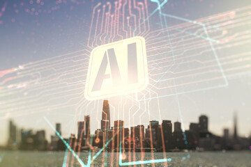 Poster - Double exposure of creative artificial Intelligence icon on San Francisco city skyscrapers background. Neural networks and machine learning concept