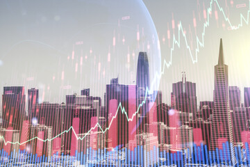 Poster - Multi exposure of virtual abstract financial graph hologram and world map on San Francisco cityscape background, financial and trading concept