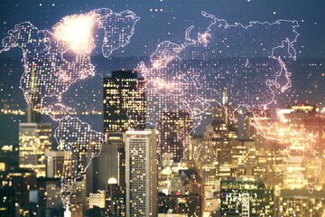 Poster - Abstract creative digital world map on San Francisco cityscape background, globalization concept. Multiexposure