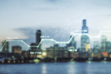 Poster - Multi exposure of abstract statistics data hologram interface on blurry office buildings background, computing and analytics concept