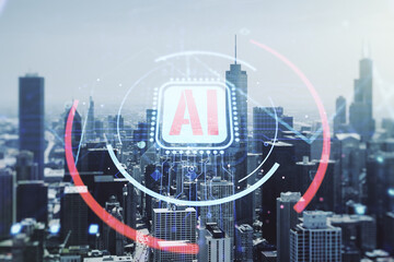 Poster - Double exposure of creative artificial Intelligence abbreviation hologram on Chicago office buildings background. Future technology and AI concept