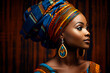 Captivating profile of an African woman in traditional attire and accessories, set against a backdrop adorned with striking African patterns. Bright image. 