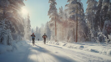 Cross-country Skiers Gliding Through A Snowy Forest In A Winter Race.