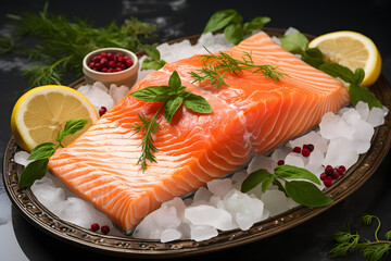 Wall Mural - fillet of red fish on a plate and lemons. butchered fresh pieces of fish in close-up. cooking.