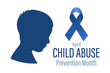 Child Abuse Prevention Month, April. Silhouette of a child in profile and a blue ribbon. Banner, poster