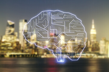 Poster - Double exposure of creative human brain microcircuit hologram on blurry office buildings background. Future technology and AI concept