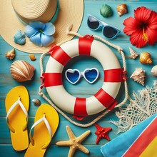 This Is A Flat Lay Image Of Summer Beach Accessories On A Blue Wooden Background. It Includes A Lifebuoy, Flip Flops, Sunglasses, Hat, Towel, And Seashells.