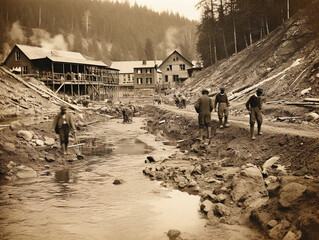 Wall Mural - An historical black and white photograph showing the gold rush era in the late 1800s.