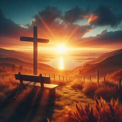 Canvas Print - Jesus cross at sunset, beautiful landscape, sunrise, clouds, wood, landscape, symbol, catholic, church, sky, religion, god, christ, cross, religious, crucifix, sun, crucifixion, bible, Generative AI