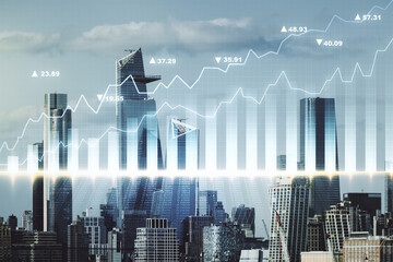 Poster - Abstract virtual financial graph hologram on New York skyline background, forex and investment concept. Multiexposure