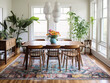 An eclectic dining room with bohemian vibes featuring mismatched chairs and a unique style.