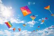 Rainbow-Colored Kites: Colorful kites flying high against a blue sky 
