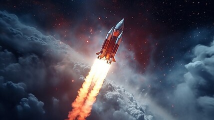 Wall Mural - New Ship flies to another planet. Spaceship takes off into the starry sky. Rocket starts into space. Concept .