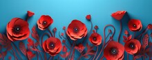 Red Poppies On Blue Background. 