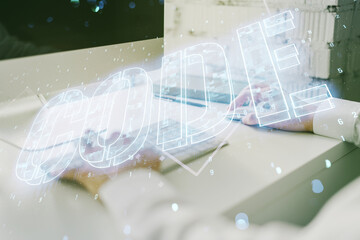 Poster - Creative Code word hologram and hands typing on computer keyboard on background, artificial intelligence and neural networks concept. Multiexposure