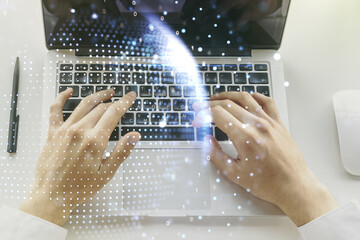Poster - Double exposure of abstract digital world map and hand typing on laptop on background, research and strategy concept