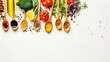 © muhammad - Organic clean vegetables assorted with cooking spoons and oil on white wooden background, top view, banner. Healthy food, vegan or diet nutrition concept.
