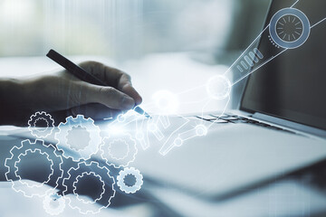 Aufkleber - Creative concept of robotics technology and hand writing in notebook on background with laptop. Robot development and automation concept. Multiexposure