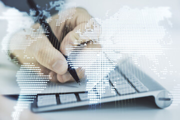 Poster - Multi exposure of abstract creative digital world map and hand writing in notebook on background with laptop, tourism and traveling concept