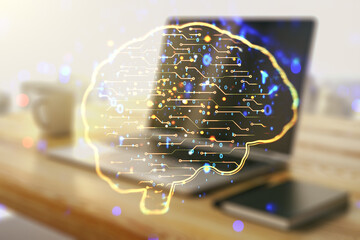 Poster - Creative artificial Intelligence concept with human brain hologram and modern desktop with computer on background. Multiexposure