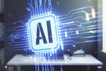 Aufkleber - Double exposure of creative artificial Intelligence icon and modern desktop with laptop on background. Neural networks and machine learning concept