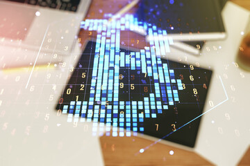 Poster - Creative Bitcoin concept and modern digital tablet on background, top view. Multiexposure