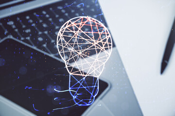 Poster - Creative idea concept with light bulb illustration on modern laptop background. Multiexposure