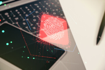 Aufkleber - Double exposure of abstract creative fingerprint hologram on laptop background, research and development concept