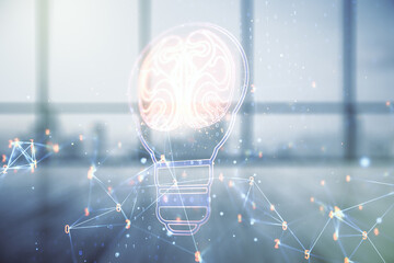 Aufkleber - Abstract virtual idea concept with light bulb and human brain illustration on empty corporate office background. Neural networks and machine learning concept. Multiexposure