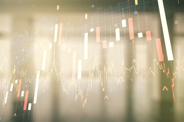 Poster - multi exposure of virtual creative financial graph and world map on empty corporate office backgroun