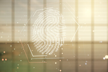 Aufkleber - Abstract virtual fingerprint illustration on modern interior background, personal biometric data concept. Multiexposure