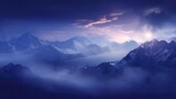 Fototapeta Góry - Mountain range with visible silhouettes through the morning fog. Panoramic view. Illustration for cover, card, postcard, interior design, banner, poster, brochure or presentation.