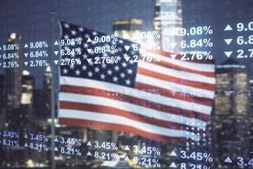 Poster - Multi exposure of abstract virtual graphic data spreadsheet sketch on US flag and skyline background, analytics and analysis concept