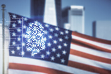Poster - Multi exposure of virtual creative fingerprint hologram on USA flag and blurry skyscrapers background, personal biometric data concept