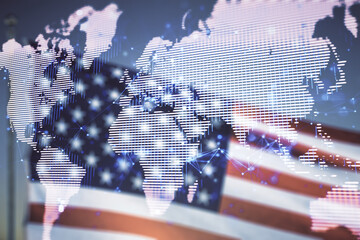 Poster - double exposure of abstract digital world map hologram on us flag and blue sky background, big data 