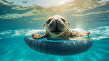 A Seal On Vacation Swims In The Sea On An Inflatable Ring
