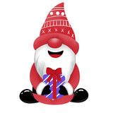 Fototapeta Kuchnia - A gnome wearing a red Santa suit stands and smiles. and holding a purple gift box.