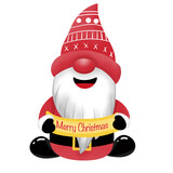 Fototapeta Kuchnia - A gnome wearing a red Santa suit stands and smiles. and is holding a Merry Christmas sign.