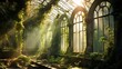 A decaying, Victorian-era greenhouse overtaken by ivy and creeping vines. Sunlight filters through the broken glass, illuminating the wild foliage within.