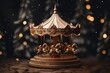 Vintage musical carousel toy on blurred background with Christmas tree and golden lights. Merry Go round. Childhood magic concept. Christmas eve. New Year and winter holidays greeting card