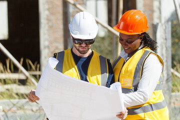 contractor examining a building blueprint or layout on paper.