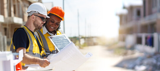 Professional - senior civil engineers inspecting or working in construction site, contractor examining a building blueprint or layout on paper.