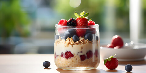 Wall Mural - Overnight oatmeal with fresh berries in a glass, blurry window background 