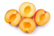 Some peaches that cut to half isolated on white background, halves of nectarines, juicy slices of peach, sliced chopped nectars, core removed, generated by AI.